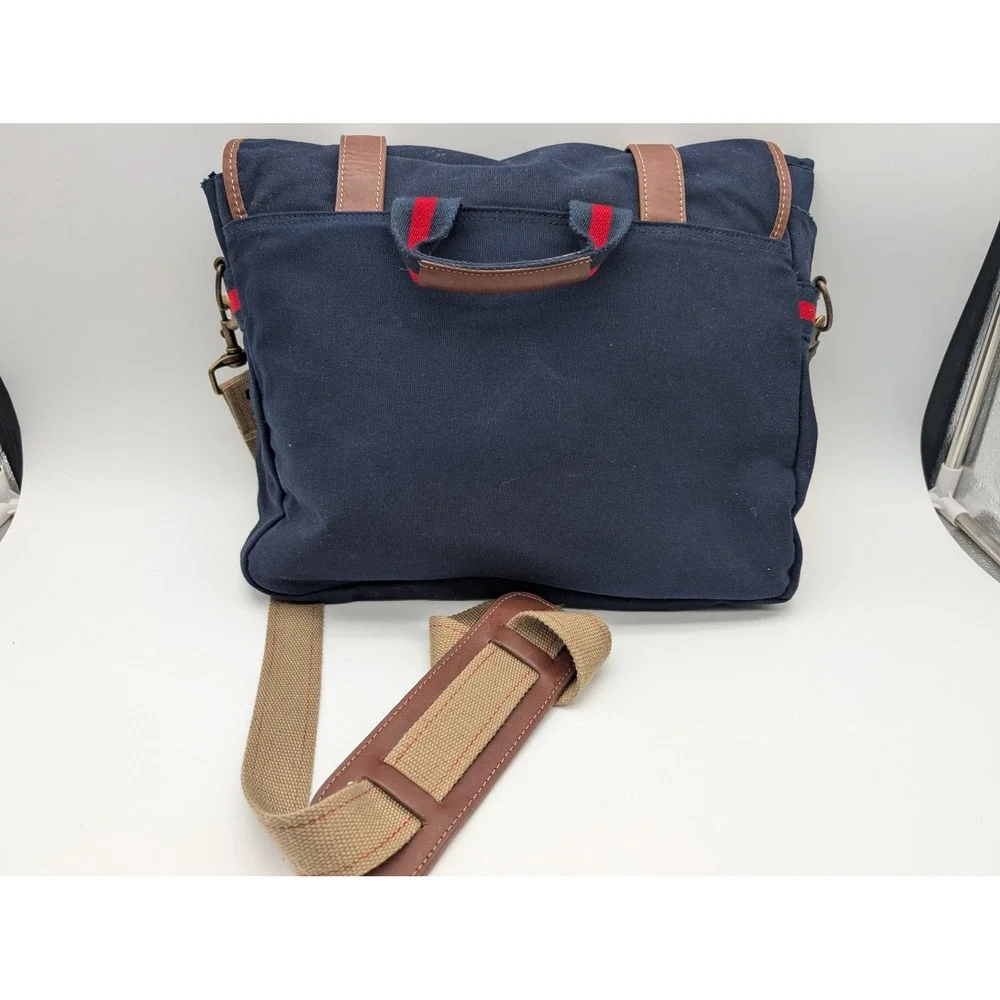 Tommy Hilfiger Navy Blue Canvas Messenger Bag Leather Trim Laptop Sleeve Mens